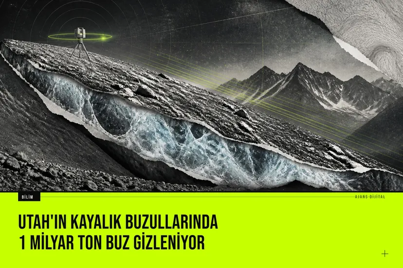Utah'ın Timpanogos Buzulu'nda gravimetre cihazlarıyla buz kalınlığı ölçen bilim insanları ve kayalık buzulların geniş manzarası.