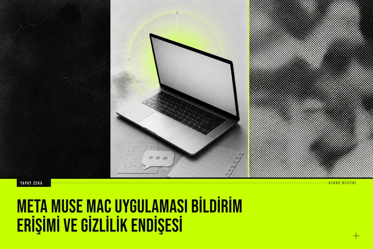 Mac bilgisayar ekranında Meta Muse yapay zeka asistanı arayüzü ve arkasında beliren veri gizliliği uyarı simgeleri.