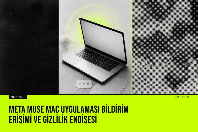Mac bilgisayar ekranında Meta Muse yapay zeka asistanı arayüzü ve arkasında beliren veri gizliliği uyarı simgeleri.