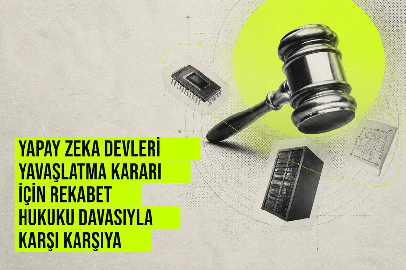 fotoğraf Anthropic, OpenAI, xAI ve Google logolarının yanında mahkeme gaveli ve yavaşlatılan yapay zeka simgesini gösteren bir görsel
