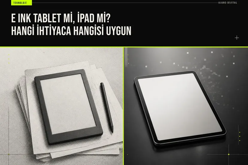 E Ink ekranlı bir tablet ve bir iPad yan yana duruyor, ekranlarda sırasıyla bir kitap sayfası ve renkli bir video karesi görünüyor.