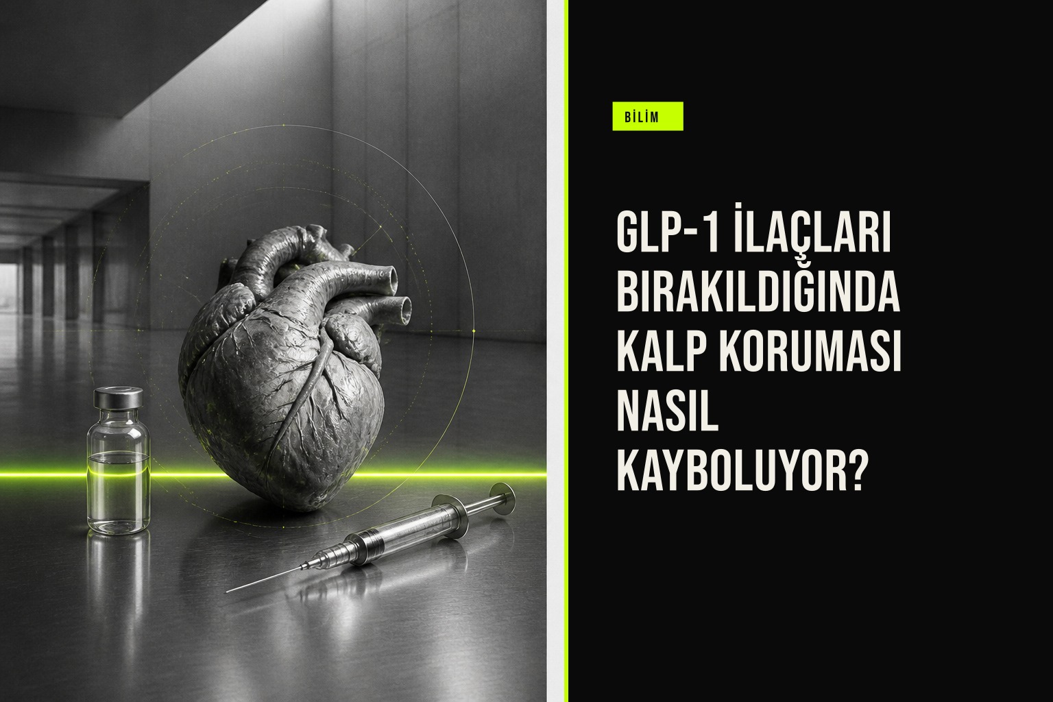 GLP-1 ilaçları bırakıldığında kalp korumasının azaldığını gösteren bir araştırma grafiği ve ilaç kalemleri