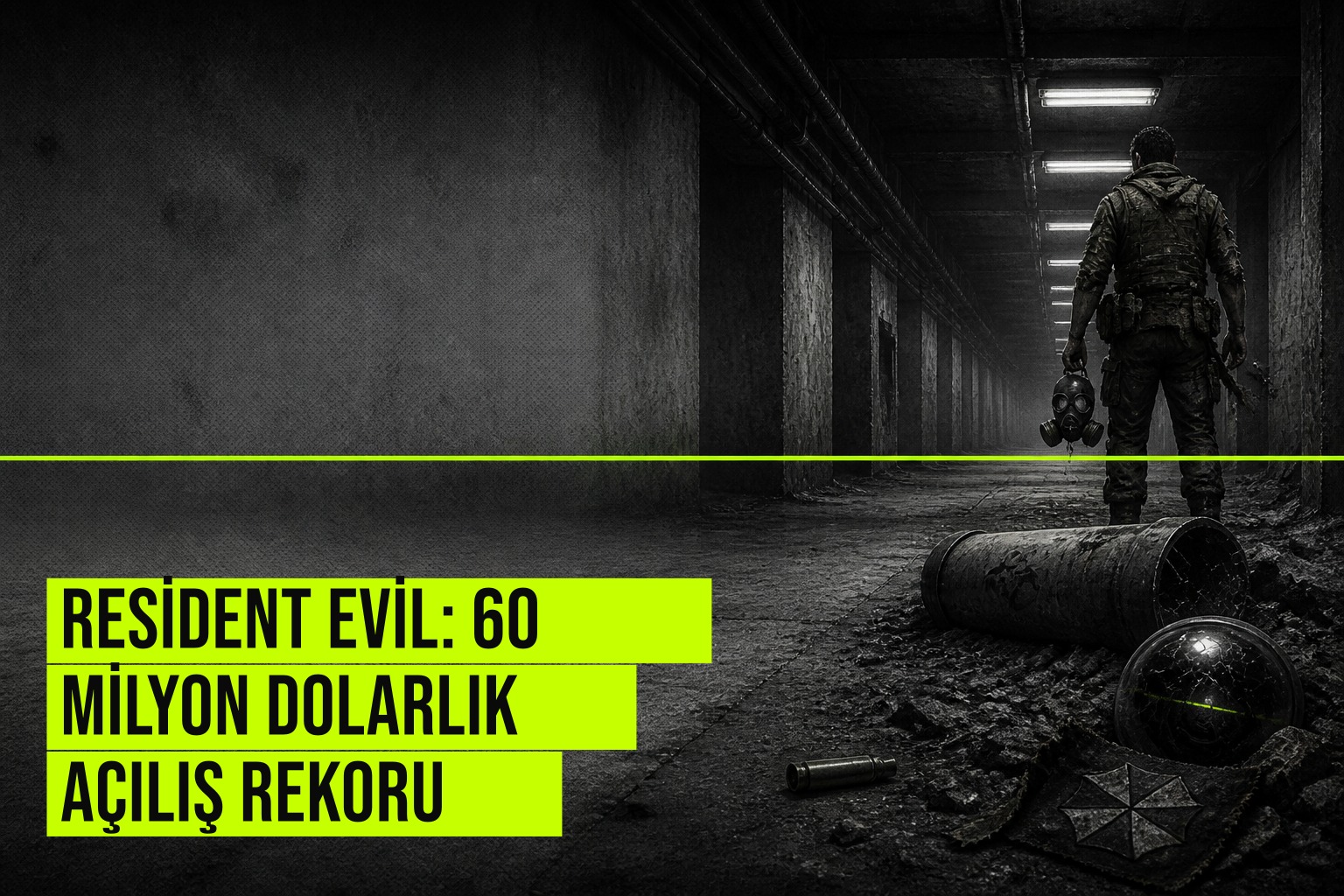 Zach Cregger'in yönettiği yeni Resident Evil filmi afişinde ana karakterler ve kara bir laboratuvar arka planıyla 60 milyon dolarlık rekor açılış vurgulanıyor.