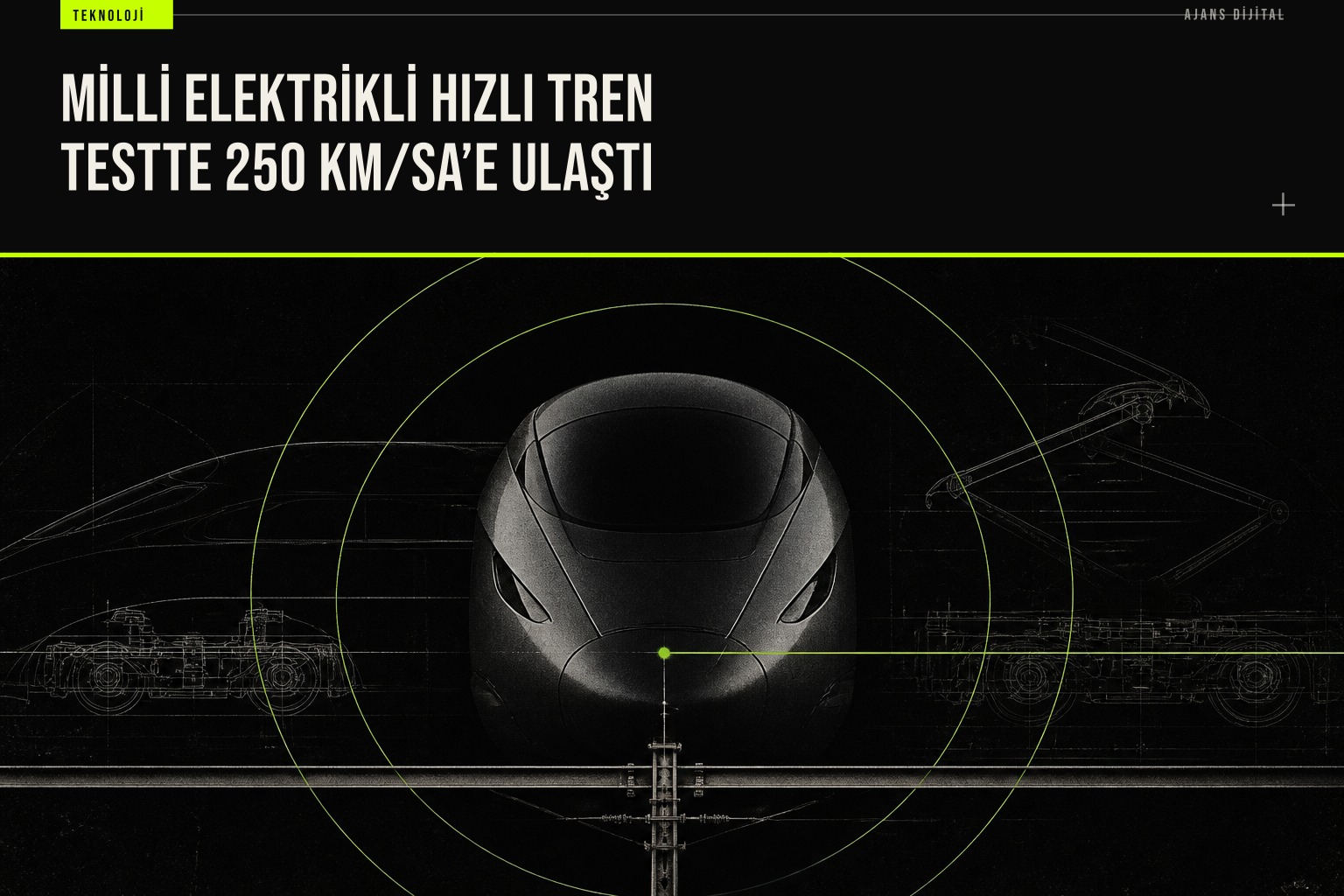 Milli Elektrikli Hızlı Tren, Eskişehir–Polatlı hattında yapılan test sürüşünde 250 km/sa hıza ulaşırken raylar üzerinde ilerliyor.