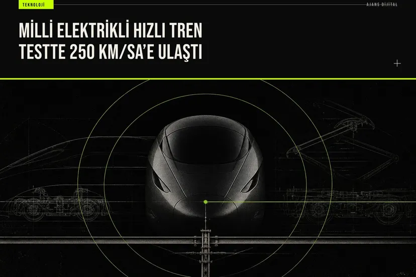 Milli Elektrikli Hızlı Tren, Eskişehir–Polatlı hattında yapılan test sürüşünde 250 km/sa hıza ulaşırken raylar üzerinde ilerliyor.