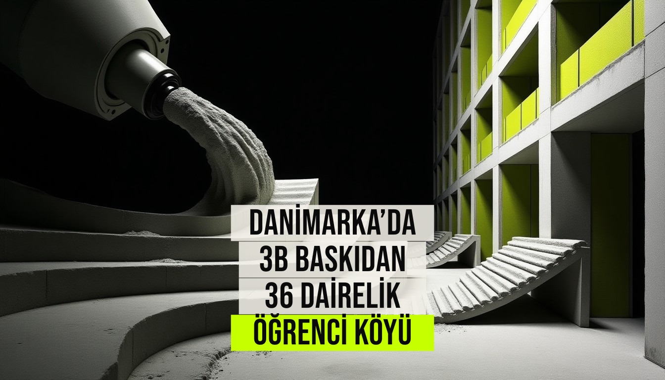Danimarka'da 3B yazıcı ile inşa edilen, çimentosuz beton kullanarak karbon ayak izini %84 azaltan 36 dairelik Skovsporet öğrenci köyü.