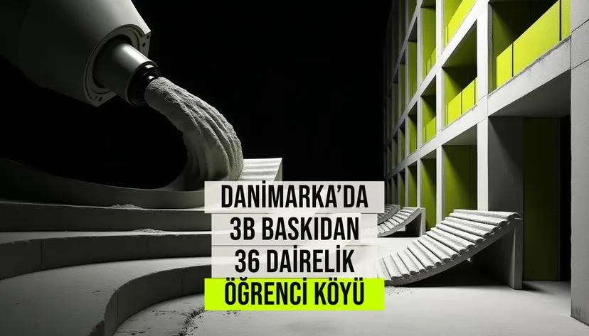 Danimarka'da 3B yazıcı ile inşa edilen, çimentosuz beton kullanarak karbon ayak izini %84 azaltan 36 dairelik Skovsporet öğrenci köyü.