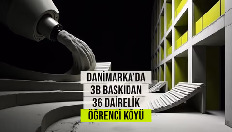 Danimarka'da 3B yazıcı ile inşa edilen, çimentosuz beton kullanarak karbon ayak izini %84 azaltan 36 dairelik Skovsporet öğrenci köyü.