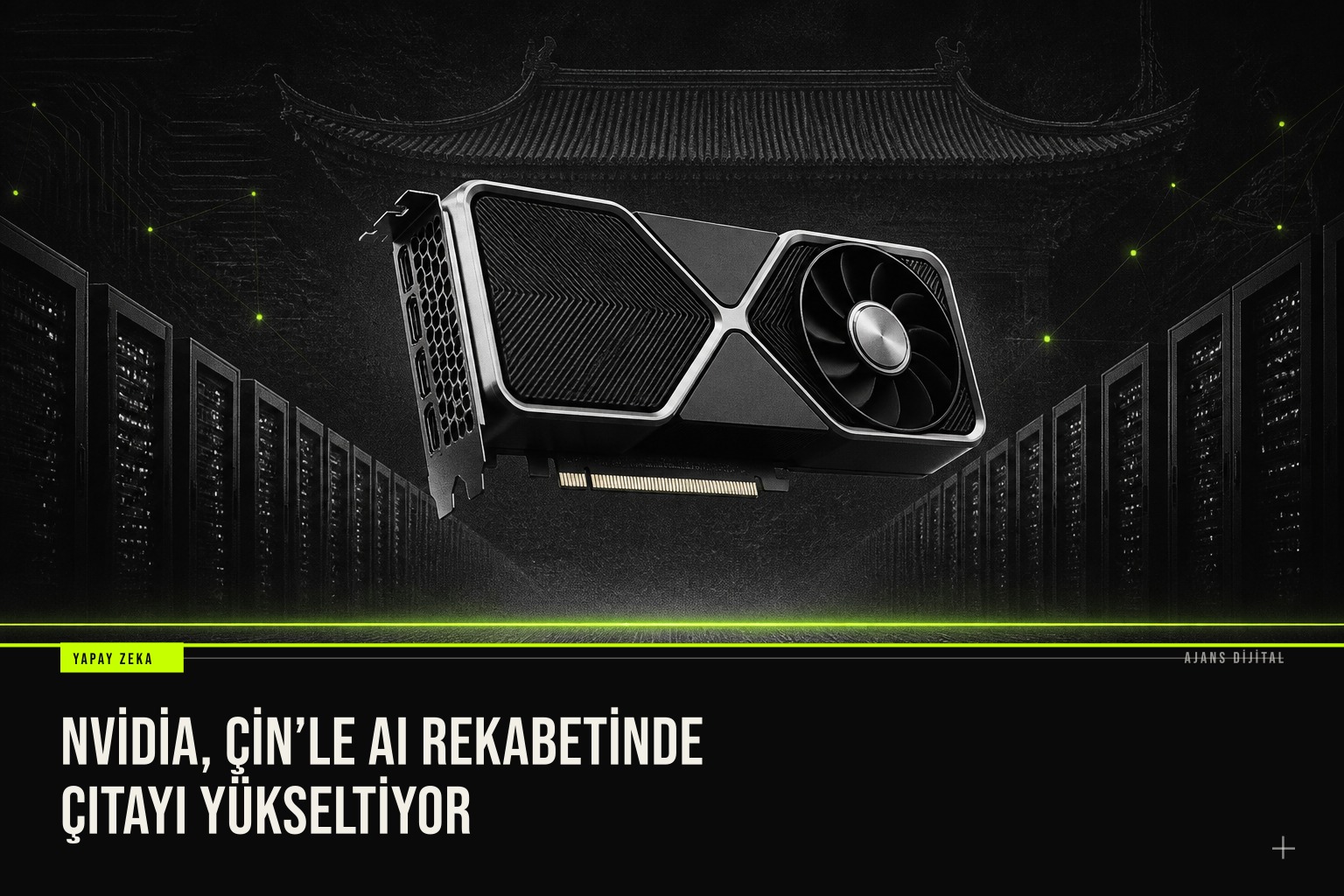 Nvidia logolu yeşil bir GPU kartının yanında Poolside yazılı dijital bir sözleşme ve Çin bayrağı simgesiyle küresel yapay zeka yarışını temsil eden futuristik bir kompozisyon.