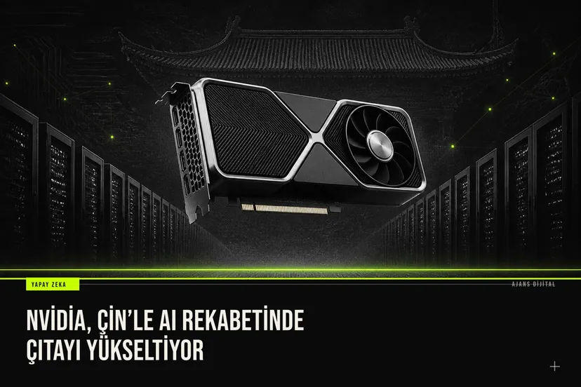 Nvidia logolu yeşil bir GPU kartının yanında Poolside yazılı dijital bir sözleşme ve Çin bayrağı simgesiyle küresel yapay zeka yarışını temsil eden futuristik bir kompozisyon.