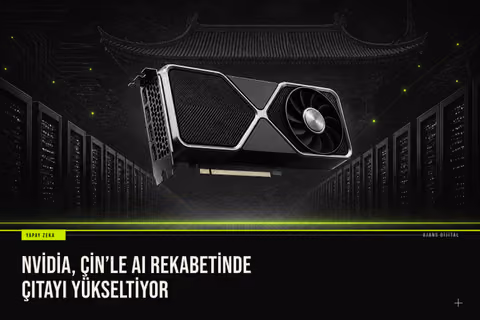 Nvidia logolu yeşil bir GPU kartının yanında Poolside yazılı dijital bir sözleşme ve Çin bayrağı simgesiyle küresel yapay zeka yarışını temsil eden futuristik bir kompozisyon.