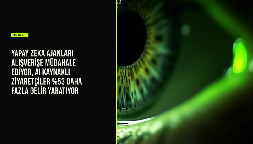 Akıllı telefon ekranında bir yapay zeka asistanının ürün önerileri sunduğu ve kullanıcının sepetine ekleme yaparken dijital analiz grafiklerinin arka planda göründüğü bir alışveriş sahnesi