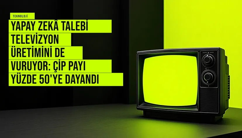 resim Televizyon ekranının yanında çip payının yüzde 50'ye çıktığını gösteren bir grafik ve yapay zekâ simgesi