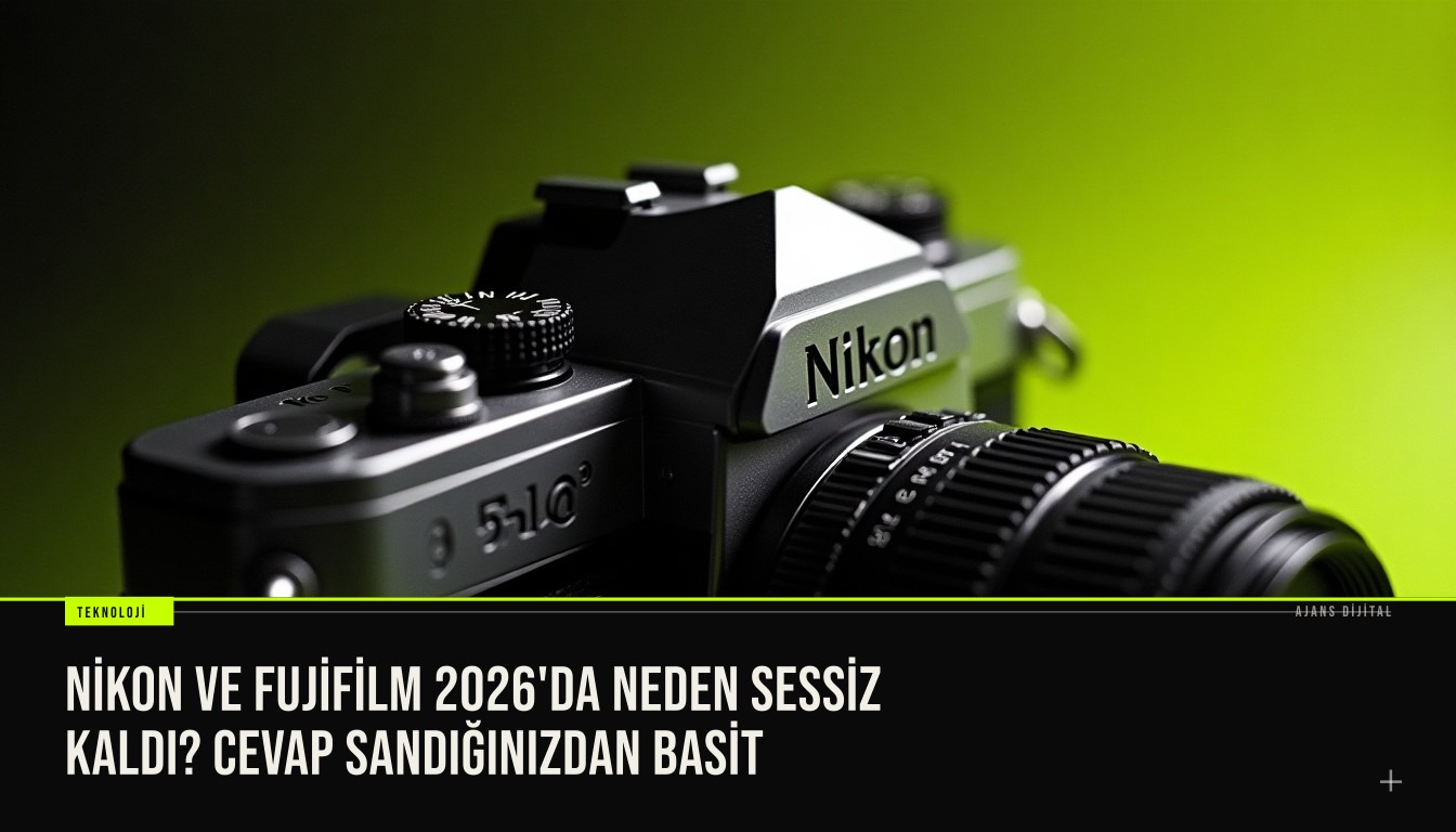 Nikon Z9 ve Fujifilm X100VI modellerinin yan yana durduğu, 2026'da yeni model çıkarmayan markaların hâlâ zirvede kaldığını simgeleyen kompozisyon.