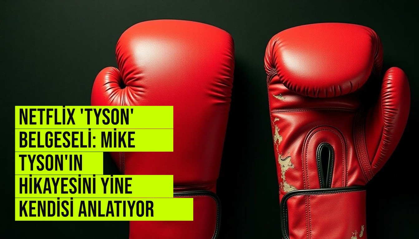 Mike Tyson ring kostümünde ciddi bir ifadeyle kameraya bakarken arka planda Netflix logolu belgesel afişi detayları görünüyor