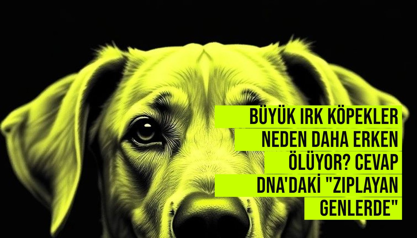 Büyük ırk köpek portresi ve DNA heliksinin yanında LINE1 zıplayan genlerini gösteren bilimsel illüstrasyon, erken ölüm mekanizmasını anlatır