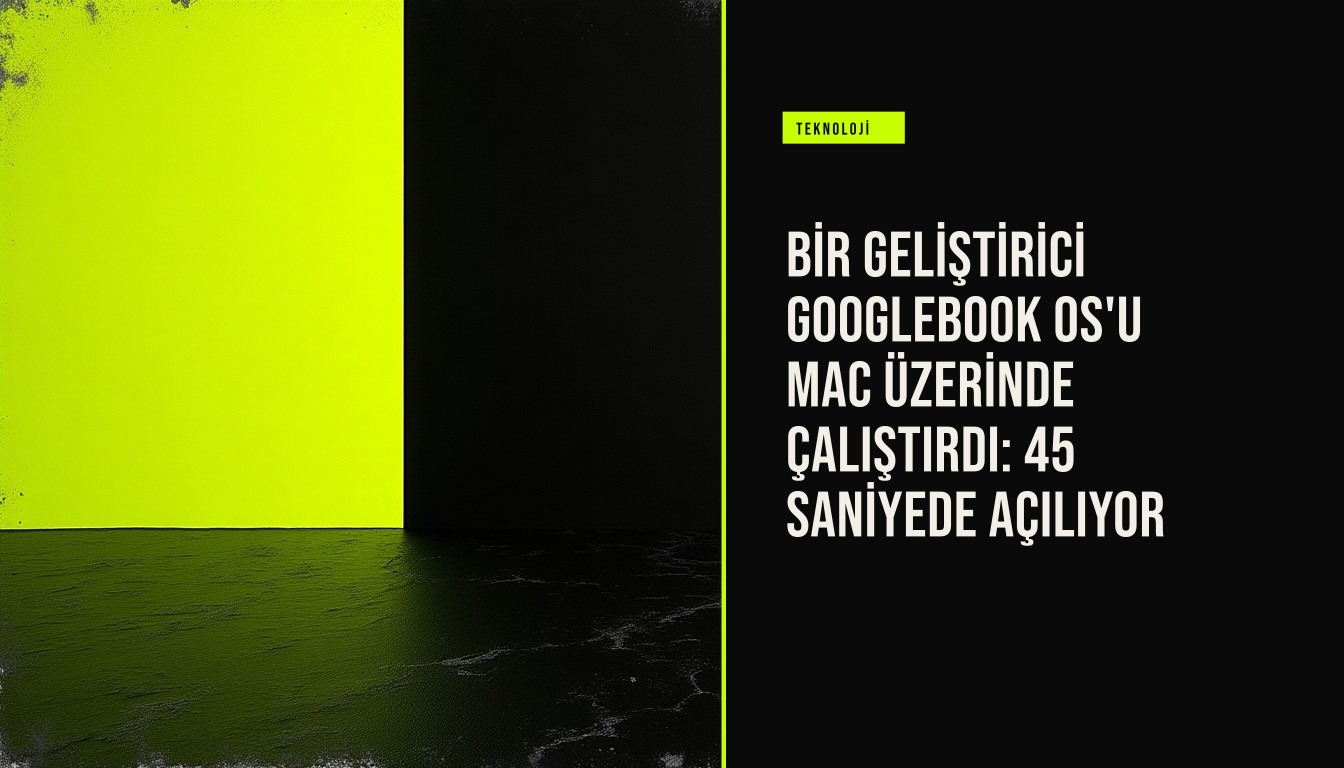 Apple yongalı bir MacBook üzerinde sanal makine ile çalıştırılan Googlebook OS işletim sisteminin masaüstü görünümü, 45 saniyelik açılış süresi ile dikkat çekiyor.