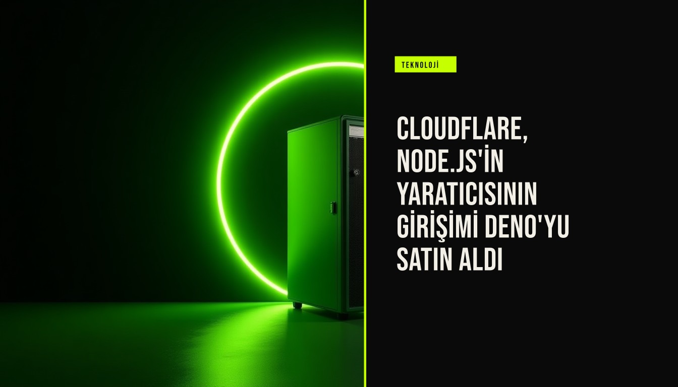 Cloudflare’ın Deno’yu satın almasını simgeleyen, iki şirket logosunun yan yana bulunduğu ve arka planda bulut altyapısını temsil eden grafik öğeler içeren bir tasarım.