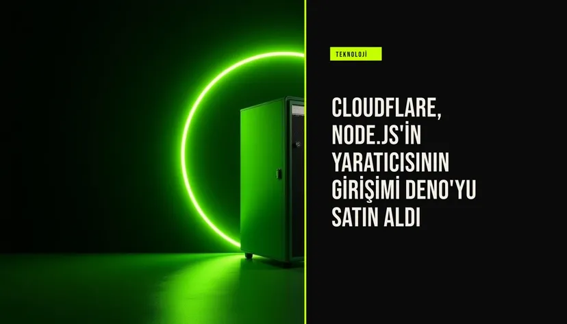 Cloudflare’ın Deno’yu satın almasını simgeleyen, iki şirket logosunun yan yana bulunduğu ve arka planda bulut altyapısını temsil eden grafik öğeler içeren bir tasarım.