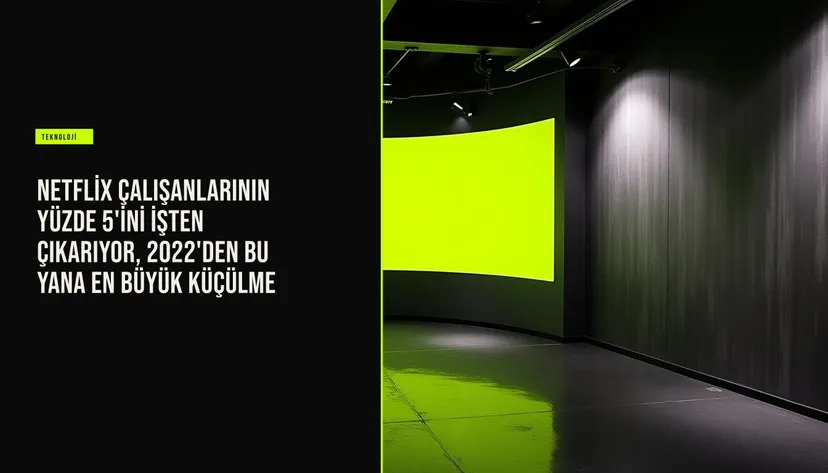 Netflix logosu ve ofis masalarıyla işten çıkarılan çalışanların temsil edildiği, yüzde 5'lik kesintinin vurgulandığı bir sahne.