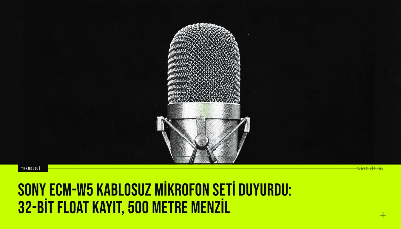 Sony'nin yeni ECM-W5 kablosuz mikrofon setini gösteriyor; iki verici, bir alıcı ve 32-bit float kayıt özelliğiyle 500 m menzil.