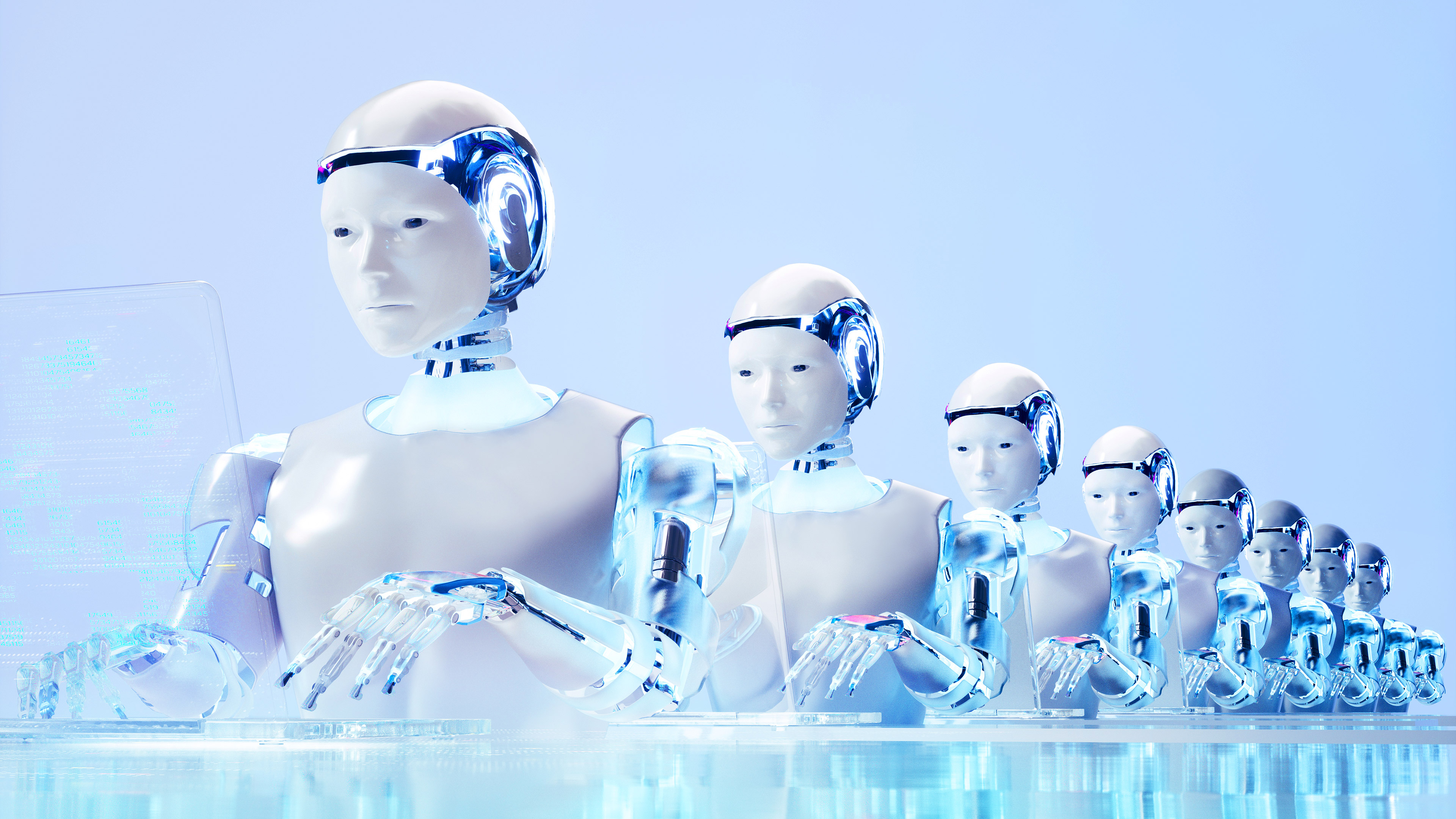 Bilgisayar başında yazı yazan bir sıra robot